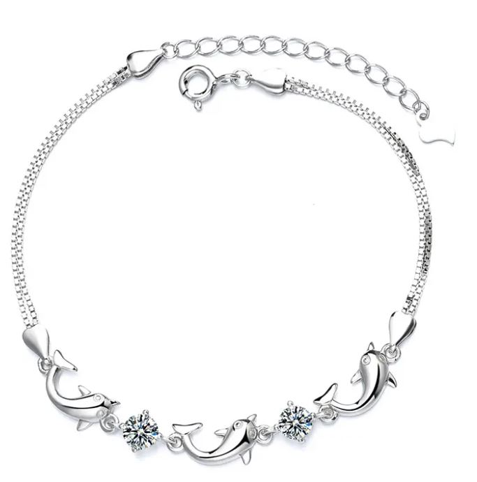 925 Cubic Zirconia Silver Dolphin Charm Bracelet