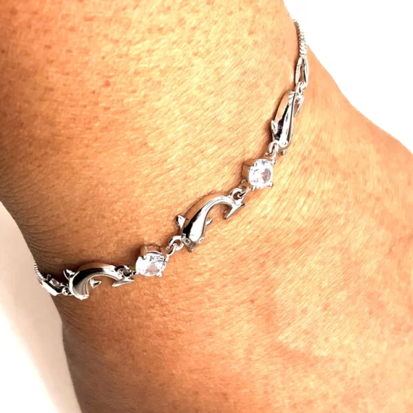 925 Adjustable cubic zirconia silver dolphin charm bracelet