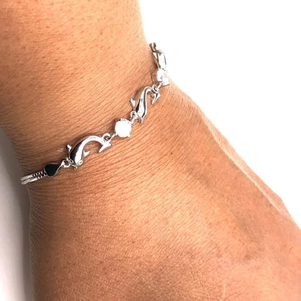 925 Adjustable cubic zirconia silver dolphin charm bracelet